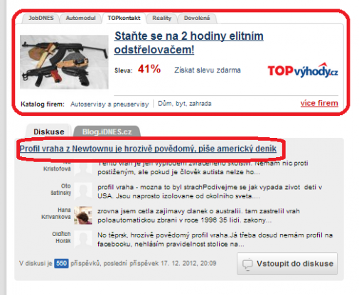 Reklama pod clankom o masovom vrahovi na idnes.cz